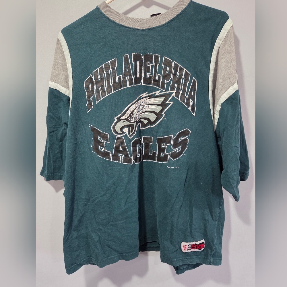 Vintage Philadelphia Eagles T Shirt Jersey Large XL Mens 3/4 Sleeves 90s NFL Tee